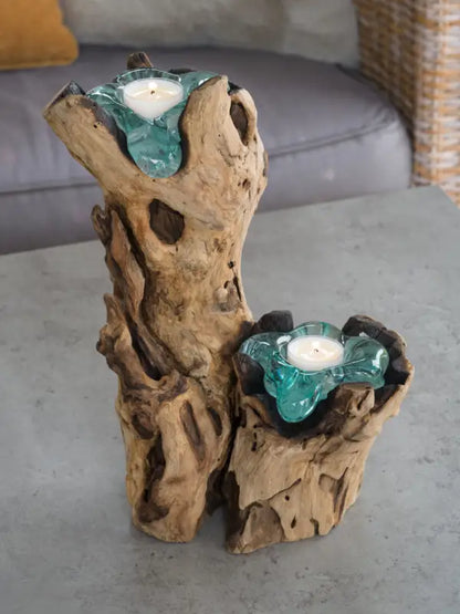 DD Glaslykta på stående trädrot 2 glas 30 cm - Ljushållare