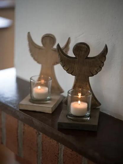 DD Mörk trä Ängel Ljushållare med glas - Ängel